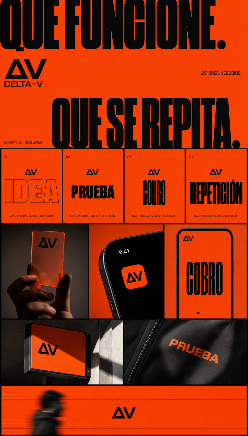 Tablero conceptual Modo Activo con naranja dominante, negro y tipografía condensada